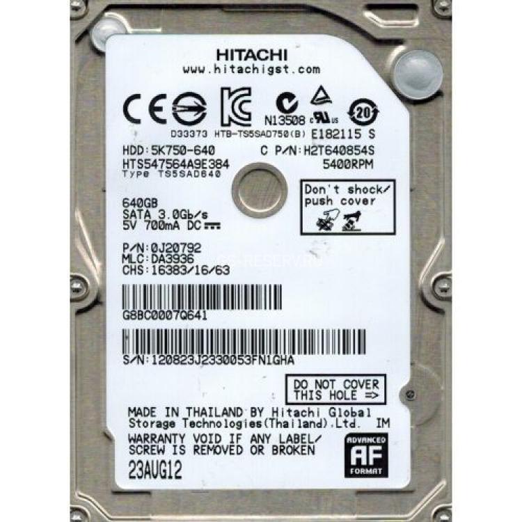 Жесткий Диск Hitachi Travelstar 5K750 640Gb (U300/5400/8Mb) SATAII 2,5"(HTS547564A9E384)