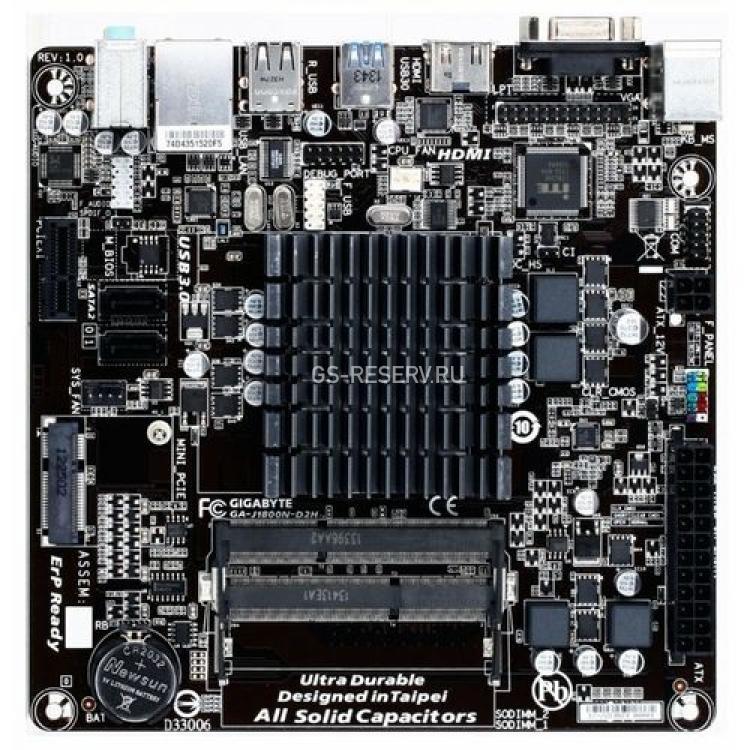 Материнская Плата Gigabyte CPU Intel Celeron DC J1800 2.41(2.58)Ghz 2SO-DIMM DDRIII 2SATAII PCI-E1x miniPCI-E SVGA HDMI LAN1000 AC97-8ch 1USB3.1 Mini-ITX(GA-J1800N-D2H)