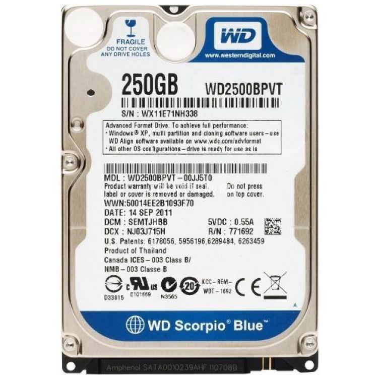 Жесткий Диск Western Digital Scorpio Blue 250Gb (U300/5400/8Mb) SATAII 2,5"(WD2500BPVT-22ZEST0)