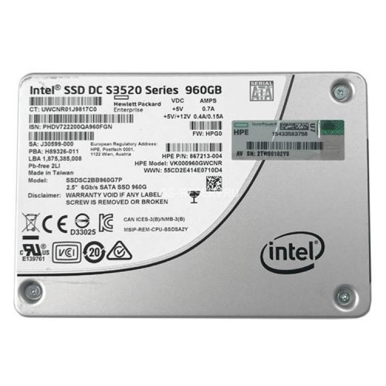 Твердотелый Накопитель SSD HP (Intel) SSD DC S3520 Series SSDSC2BB960G7P 960Gb 450Мб/сек TRIM 3D1 MLC AES 6G SATAIII 2,5" 7mm For Gen7 Gen8 Gen9 Gen10(756608-B21)