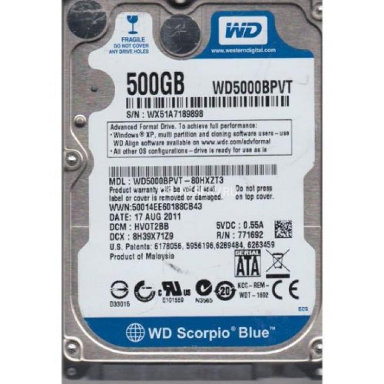 Жесткий Диск Western Digital Scorpio Blue 500Gb (U300/5400/8Mb) SATAII 2,5"(WD5000BPVT)