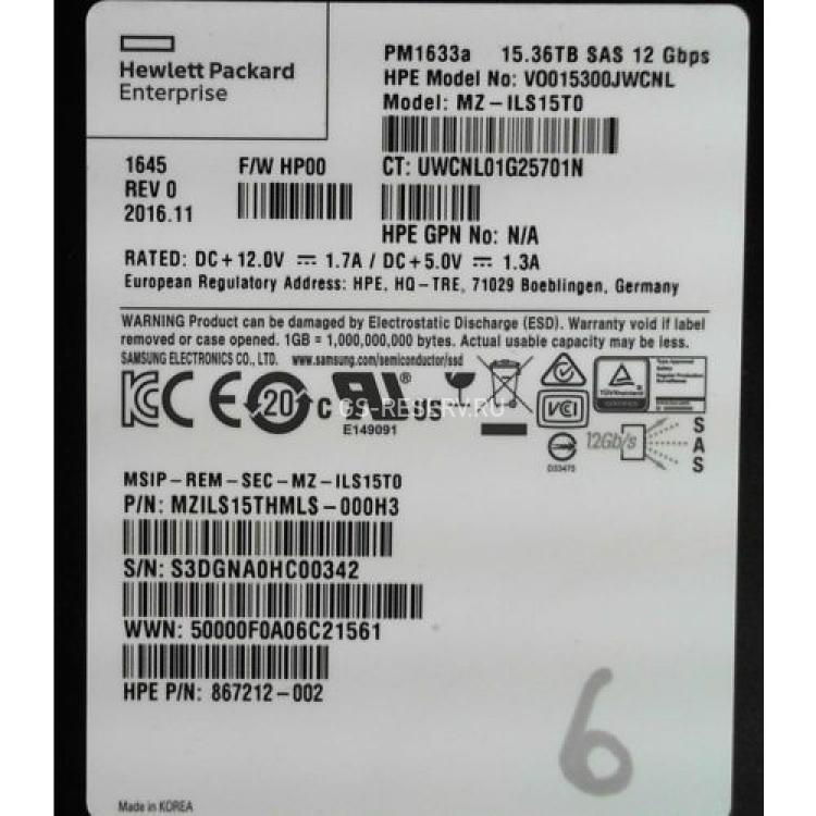 Твердотелый Накопитель SSD SAS HP (Samsung) PM1633A 15.3Tb U1200 MLC 12G SAS 2,5" For Proliant Gen8 Gen9 Gen10(MZ-ILS15T0)