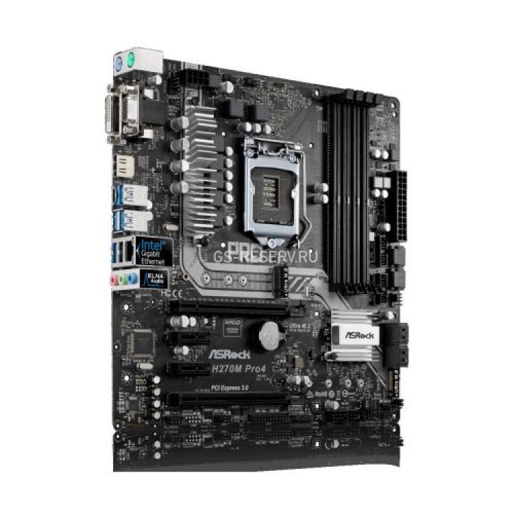 Материнская Плата ASRock iH170 S1151 HT 4DualDDRIV 6SATAIII 2M.2 2PCI-E16x3.0 SLI CrossFire 2PCI-E1x Video DVI HDMI LAN1000 AC97-8ch 4USB3 mATX(H270M PRO4)