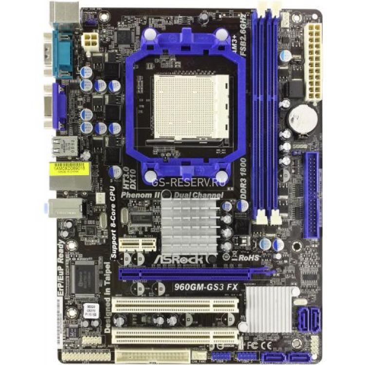 Материнская Плата ASRock FX AMD760G SocketAM3+ 2DualDDRIII 4SATAII U133 PCI-E16x PCI-E1x 2PCI SVGA LAN1000 AC97-6ch mATX(960GM-GS3)