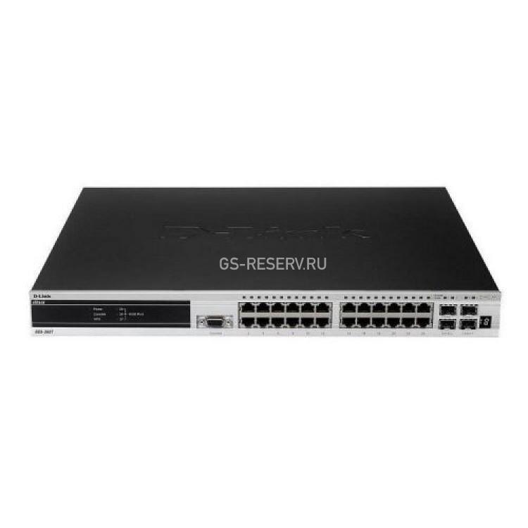 Коммутатор D-Link Ethernet 24port-10/100/1000Mbps 2slot-10Gbps 4xSFP 24xRJ45 L2TP RS232 Smart 3-го уровня 19" 1U(DGS-3627)