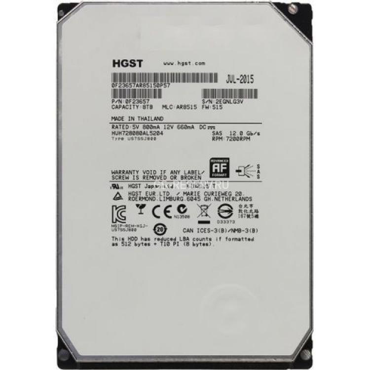 Жесткий Диск HGST Ultrastar He8 8Tb (U1200/7200/128Mb) Helium AF Secure Erase 512e 12G SAS 3,5"(0F23657)