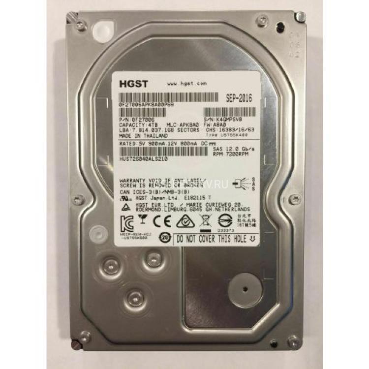 Жесткий Диск HGST Ultrastar 7K6000 4Tb (U1200/7200/128Mb) AF Instant Secure Erase 512n 12G SAS 3,5"(HUS726040ALS210)
