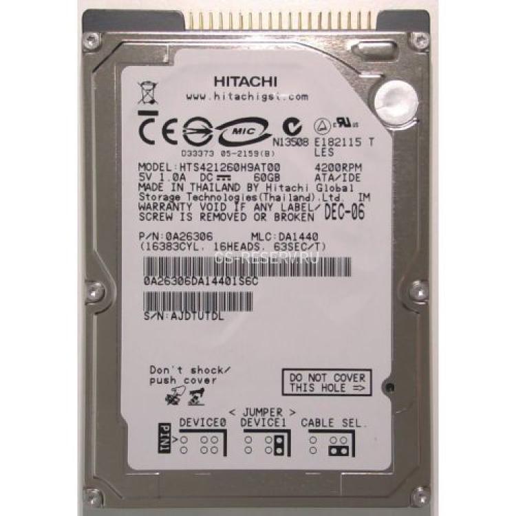 Жесткий Диск Hitachi Travelstar 4K120 60Gb (U100/4200/2Mb) IDE 2,5"(HTS421260H9AT00)