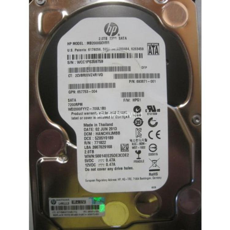Жесткий Диск HP (Western Digital) RE WD2000FYYZ-70UL1B0 2Tb (U600/7200/64Mb) NCQ TLER 512n 6G RAFF SATAIII For Gen8 Gen9 Gen10(657753-004)