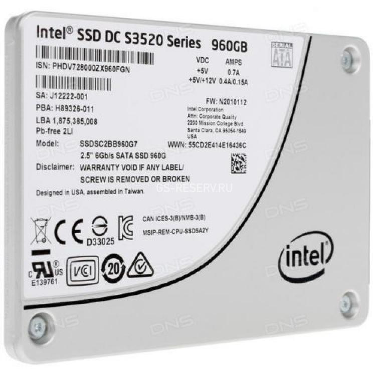 Твердотелый Накопитель SSD Intel SSD DC S3520 Series 960Gb 450Мб/сек TRIM 3D1 MLC AES 6G SATAIII 2,5" 7mm(945407)