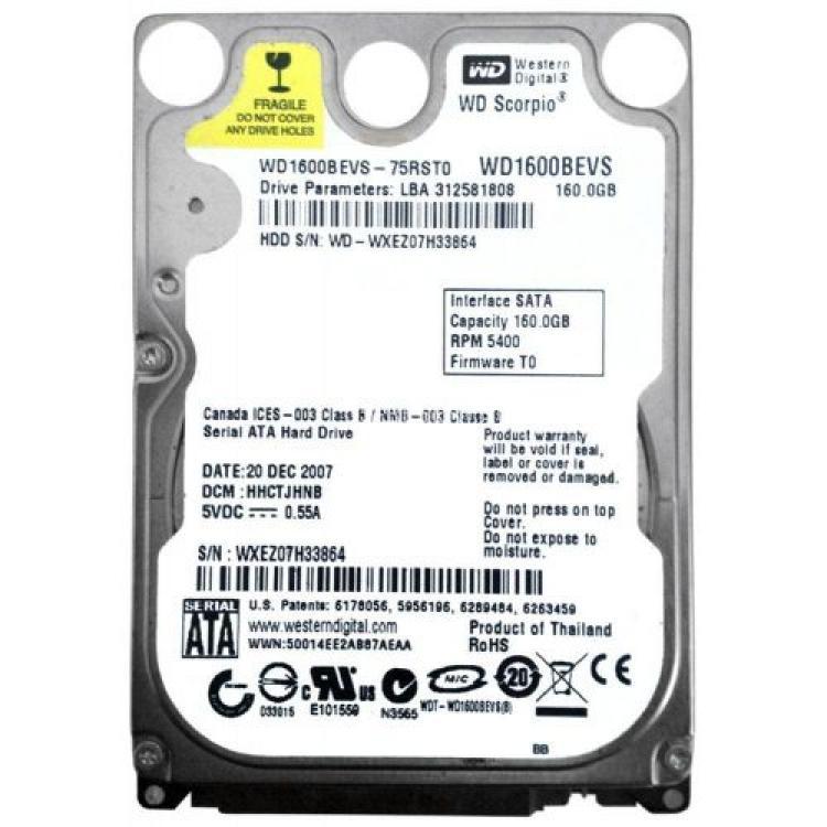 Жесткий Диск Western Digital Scorpio Blue 160Gb (U150/5400/8Mb) SATA 2,5"(WD1600BEVS-22RST0)