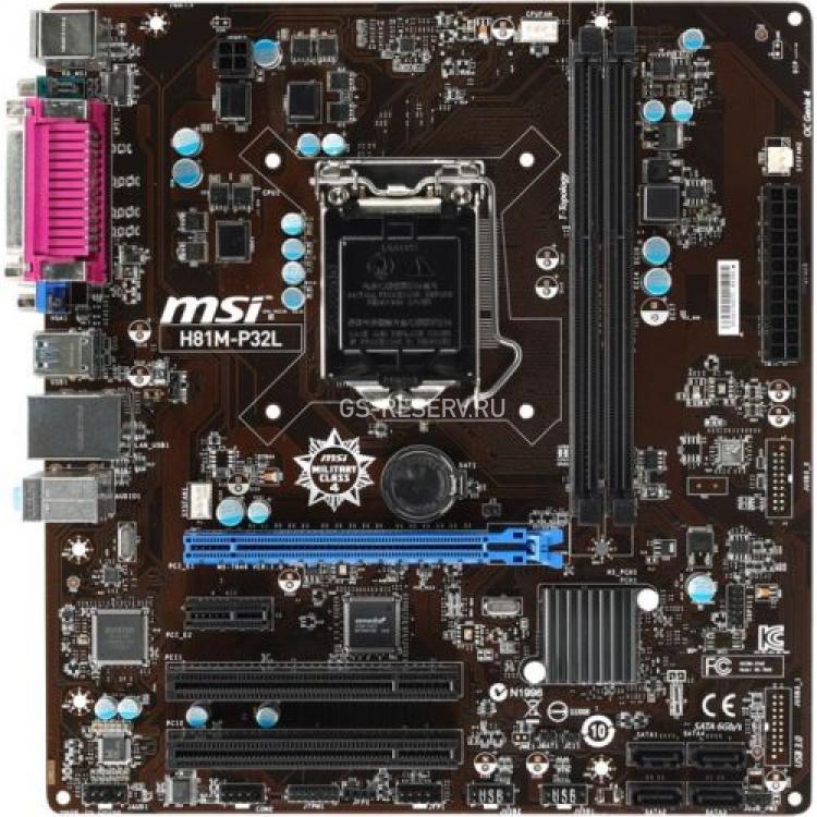 Материнская Плата MSI iH81 S1150 HT 2DualDDRIII 2SATAIII 2SATAII PCI-E16x3.0 PCI-E1x 2PCI Video LAN1000 AC97-6ch 2USB3 mATX 5000Mhz(MS-7846 H81M-P32L)
