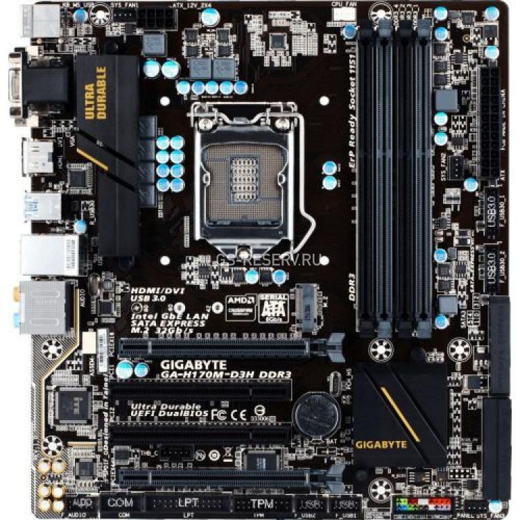 Материнская Плата Gigabyte iH170 S1151 HT 4DualDDRIII 6SATAIII 2SATA-Express 1M.2 (NGFF) 2PCI-E16x3.0 2PCI Video DVI HDMI LAN1000 AC97-8ch 4USB3 ATX(GA-H170M-D3H DDR3)