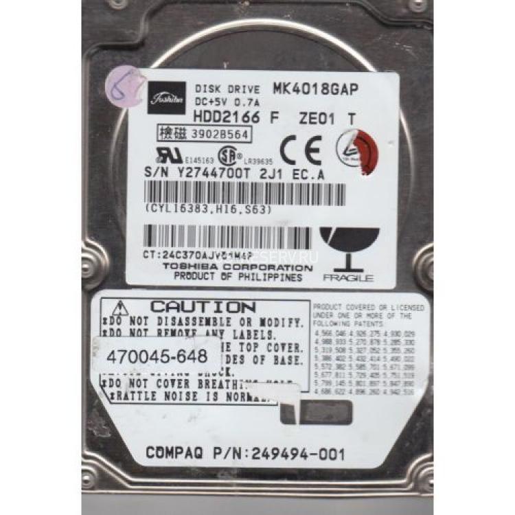 Жесткий Диск Toshiba 40Gb (U100/4200/2Mb) IDE 2,5"(MK4018GAP)