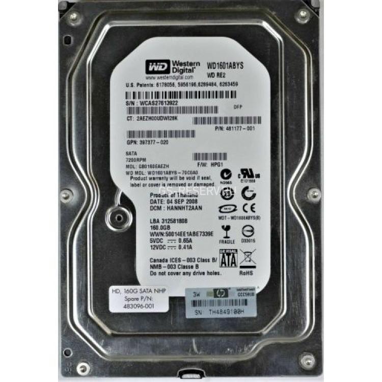 Жесткий Диск HP (Western Digital) RE2 WD1601ABYS-70C0A0 160Gb (U300/7200/16Mb) SATAII For Gen5 Gen5p Gen6 Gen7(397377-019)