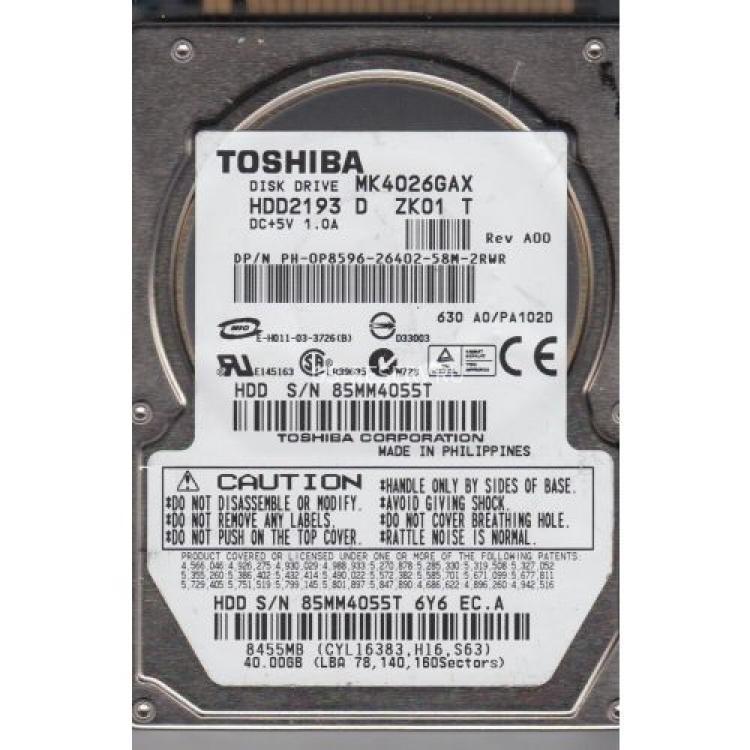 Жесткий Диск Toshiba 40Gb (U100/5400/16Mb) IDE 2,5"(MK4026GAX)