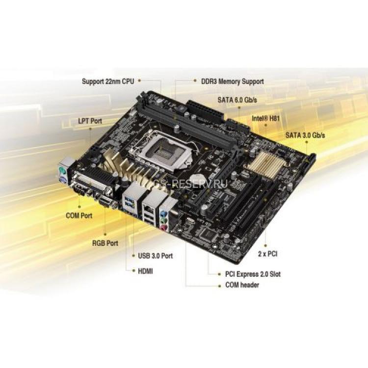 Материнская Плата ASUS iH81 S1150 HT 2DualDDRIII 2SATAIII 2SATAII PCI-E16x3.0 PCI-E1x 2PCI Video HDMI LAN1000 AC97-8ch 2USB3 mATX 5000Mhz(H81M-V3)